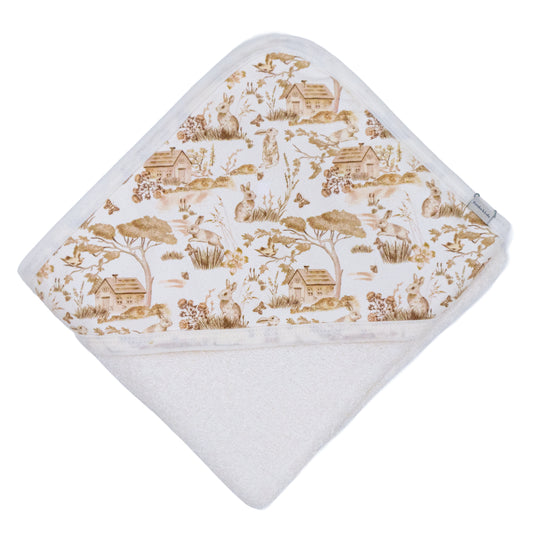 Toalla capucha beige conejos tamaño: 90cm x 80cm. Material: algodón