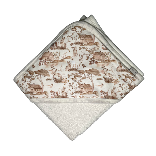 Toalla capucha beige conejos tamaño: 90cm x 80cm. Material: algodón